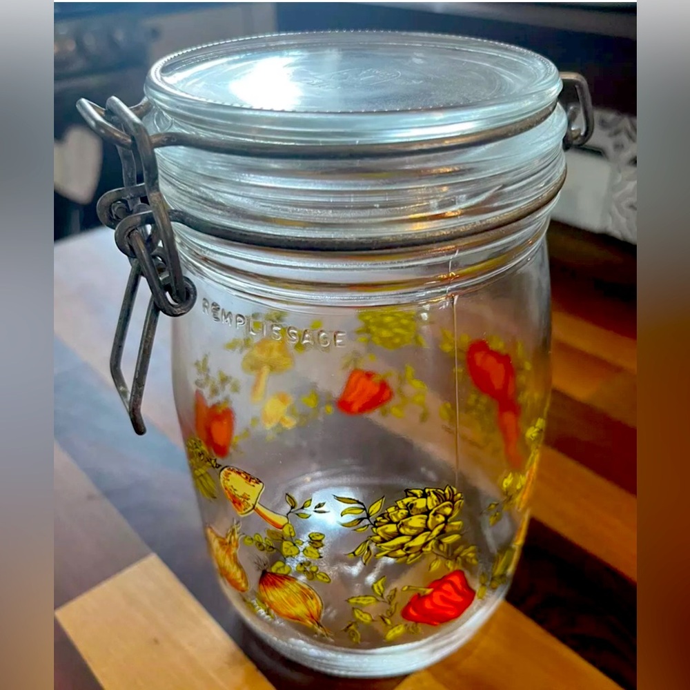Vintage Niveau de Remplissage France Made Glass Canister Tomatoes Mushrooms 1L